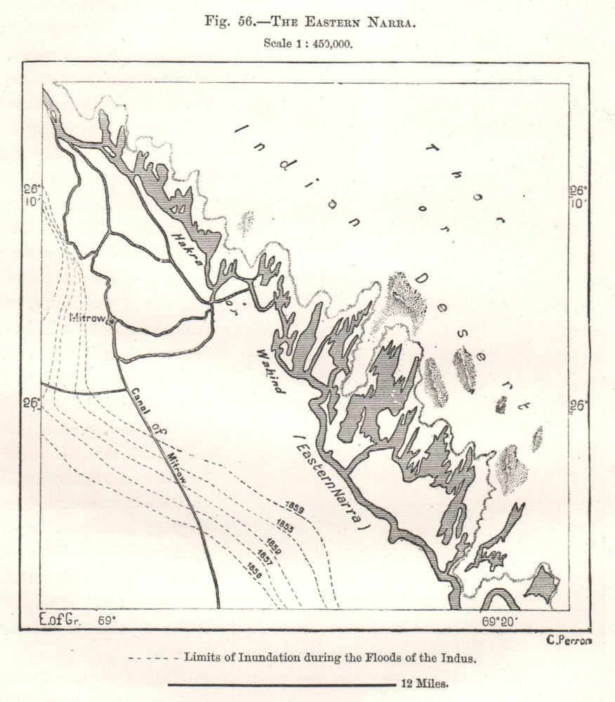 The Eastern Narra. Nara Canal. Thar desert. Pakistan. Sketch map 1885 old